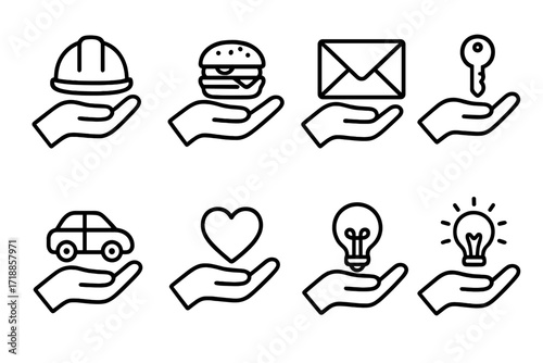 Hand Holding Icon Collection, Outline Vector Set, Safety Helmet, Burger, Email Envelope, Key, Car, Heart, Light Bulb, Creative Idea, Service Concept, Transparent Background Graphic
