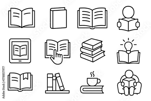 Book and Reading Line Icon Set. Vector symbols for education, library, and e-learning. Includes bookshelf, reader, and literature concepts. Editable stroke for easy design.