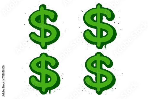 Urban graffiti style dollar sign vector set, sprayed paint money symbols, textured hand-drawn typography illustration, isolated graphic elements, green cartoon financial icons, street art concept