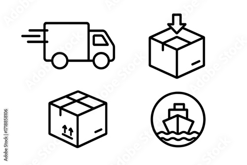 Delivery and Shipping Logistics Icons. Outline Line Art Vector Set. Truck, Package, Shipping Box, Cargo, Parcel, Ocean Freight, Transport, Distribution, Supply Chain, E-commerce Symbol Illustration
