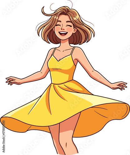 whimsical yellow dress a spin of pure joy, isolated on transparent background