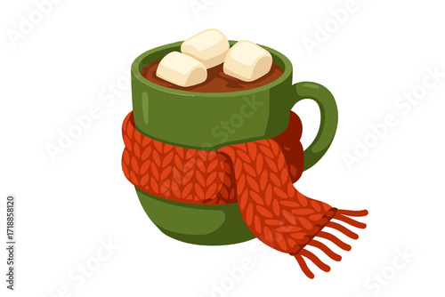 Hot chocolate in green cup with marshmallows and red knitted scarf. Cozy winter composition. Warm beverage for Christmas, holiday season. Flat vector illustration concept.