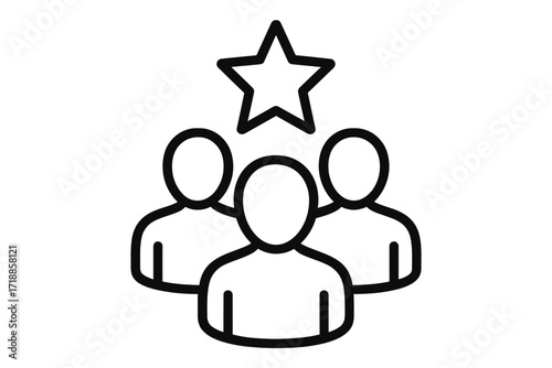 Teamwork leadership success icon. Outline illustration of people group with star symbol. User achievement concept. Collaborative team, community leader, staff excellence. Business vector isolated.