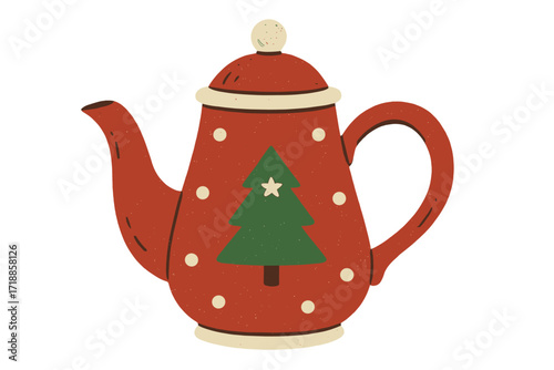 Christmas ceramic teapot with tree. Cute tea kettle in retro style. Hand drawn kitchen crockery. Graphic textured teakettle isolated element. Vector flat holiday illustration.