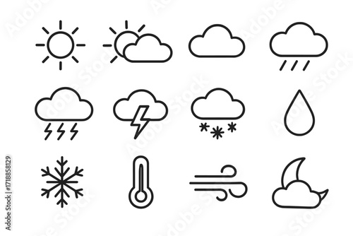 Weather icons collection thin line style editable stroke. Sun cloud rain snow storm wind temperature moon drop season symbol set. Transparent background vector illustration for banners apps web