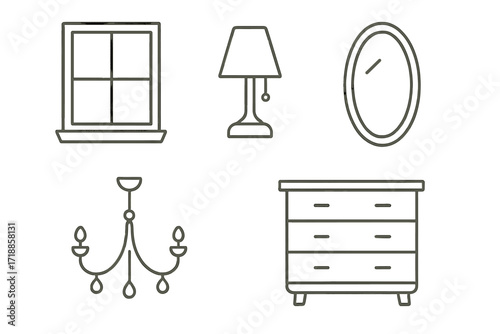 Modern home furniture and decor thin line icon set. Editable stroke. Window, table lamp, wall mirror, dresser chest of drawers, chandelier bundle. Minimal outline vector illustration.