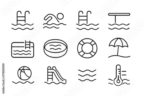Swimming pool outline icon set. Minimalist linear pictogram pack with pool ladder, swimmer, diving board, ball, slide, lifebuoy, umbrella, temperature, waves, round pool for app and web banner.