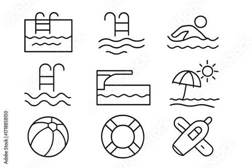 Swimming pool outline icon set for web and graphic design, minimal linear pictograms featuring pool, swimmer, lifebuoy, beach ball, umbrella, water slide, float for leisure and summer activity