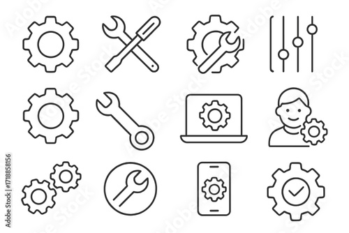 Maintenance and Settings Thin Line Icon Collection, Editable Stroke, Perfect for Web, Apps, Digital Interfaces, Technical Support, Computer, Mobile and Engineering Services, Vector Illustration