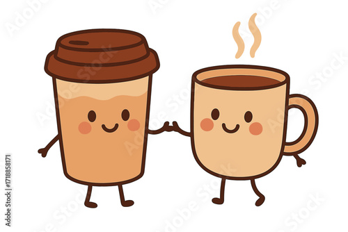 Adorable hand drawn coffee vector illustration. Smiling cartoon coffee cup and takeaway mug with happy faces, holding hands. Cute cafe drink characters, friendship concept. Flat style art.