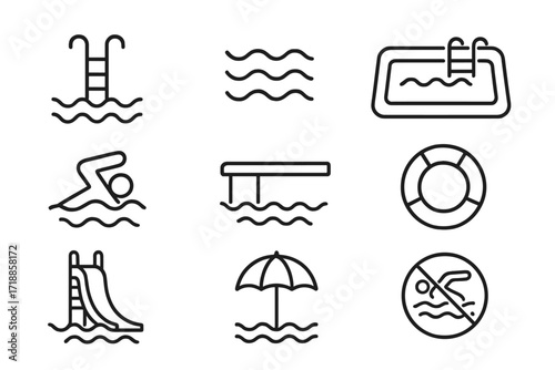 Swimming Pool Line Icon Set, Minimalist Aquatic Symbols Collection for Web, App, Social Media, Banner, Card Design, Pool Ladder, Slide, Life Preserver, Swimmer, Water, Beach Umbrella, No Swimming Sign