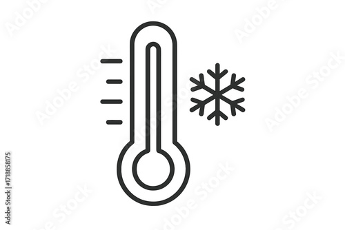 Minimalist cold temperature icon with snowflake and thermometer symbol, freeze warning, cold weather, winter, refrigeration, vector line illustration for banner, web, app, signage, social media