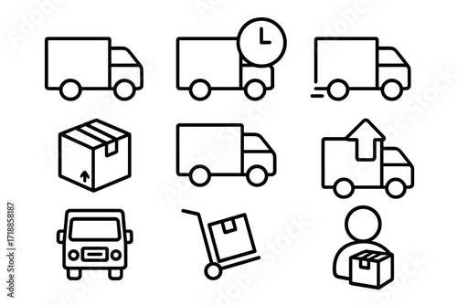 Delivery Transport and Logistics Line Icon Set. Editable Stroke. Courier Truck, Van, Package, Shipping, Order Tracking, Delivery Service, Warehouse, Parcel Handling, Express Shipping, Customer Service