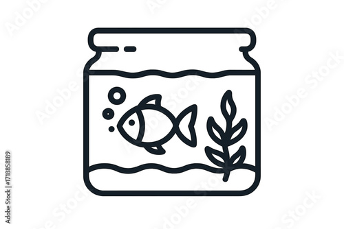 Aquarium line icon. Fish in fishbowl vector illustration. Simple pet fish in glass tank with water plant and bubbles. Minimalist outline symbol for pet shop or aquatic hobby.