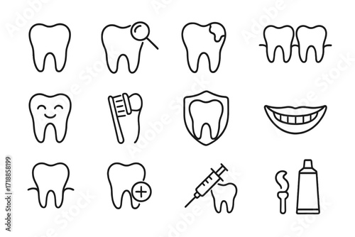 Dental care linear icon set. Tooth cartoon outline, oral hygiene, stomatology editable stroke. Teeth protection, brushing, smile, syringe, toothpaste, vector illustration for web, app, book, card
