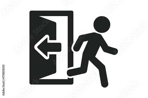 Emergency exit symbol with running man. Vector icon of a person escaping through a door. Safety sign for evacuation route. Public information pictogram for fire escape or way out.