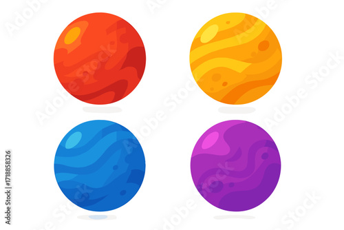 Four colorful planets vector icon set. Fantasy space celestial bodies. Modern flat cartoon illustration for sci-fi game asset. Abstract cosmic spheres for galaxy exploration.