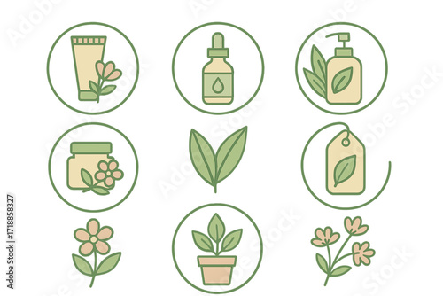 Eco-friendly botanical cosmetics vector set. Social media highlights and cover icons. Natural cream, serum, tube, soap, floral tags, potted plants, leaves, organic beauty concept elements, badges.