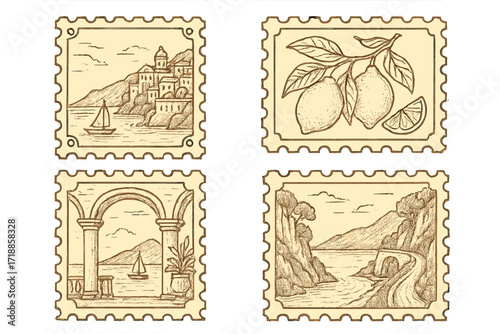 Vintage Italian coastline travel postage stamps set, hand drawn retro border elements, Amalfi Coast, Sicily architecture, scenic Mediterranean landscape, lemons fruit, nautical sailing vacation