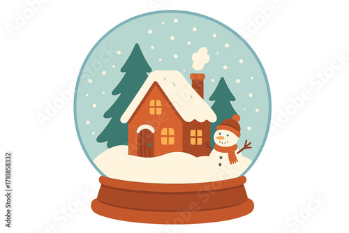 Winter holiday snowglobe vector, cozy Scandinavian house, cheerful snowman, pine trees, snowy glass dome, festive Christmas card illustration, isolated scene, whimsical seasonal decoration art