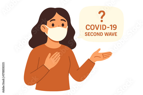 Concerned young woman in protective medical face mask asking about Covid-19 second wave, pandemic prevention, 2019-nCoV, coronavirus quarantine, fear of resurgence and health awareness concept