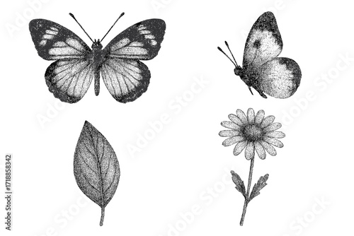 Field flower, leaf and butterflies retro photocopy effect set. Stippling, dotwork pattern from 90s vintage images. Vintage negative halftone effect vector illustration.