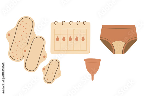 Zero waste menstrual period set vector illustration. Reusable sanitary pads, menstrual underwear, menstrual cup, period calendar. Eco friendly feminine hygiene products, sustainable concepts.