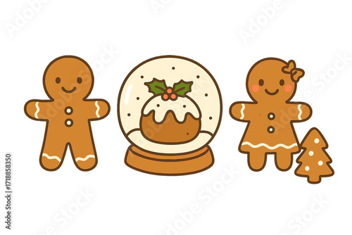 Gingerbread man and girl cookies with a Christmas pudding in a snow globe. Cute doodle childish illustration. Sweeties under glass cover. Vector flat hand drawn isolated set.