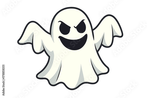 Ghost icon. Flying phantom. Halloween monster. Vector cartoon illustration. Evil scary smile. Spooky creature. Horror character design. Supernatural paranormal entity. Menacing.