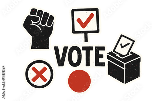 Vote election symbols set. Voting concept grunge illustration. Ballot box, check mark, raised fist. Political campaign vector design elements. Democracy poster activism icons.