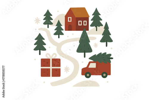 Scandinavian style Christmas greeting card with winter landscape map, snowy house, pine trees, truck carrying Christmas tree, gift box, festive road and holiday decor design