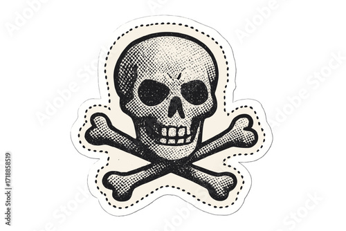 Human skull and crossbones in halftone dots style. Pirates jolly roger flag icon. Sign of poison or danger. Vector isolated torn out paper sticker. Cartoon concept art.