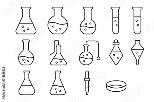Chemistry lab line icon set. Science and research vector symbols. Laboratory glassware, flask, test tube, beaker, pipette for experiment. Scientific illustration. Editable stroke.