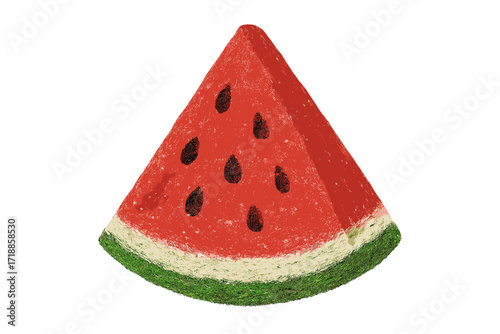 Hand drawn watermelon slice vector cartoon illustration. Textured digital art of a fresh juicy red summer fruit. Healthy sweet food, organic snack icon isolated on white background.