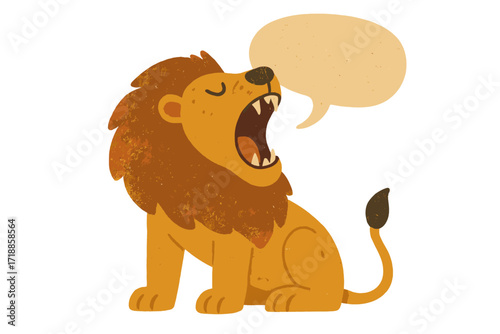 Roaring lion cartoon with a speech bubble for text. Cute wild animal character shouting a message. Safari mascot illustration for kids. Flat vector design with paper texture.