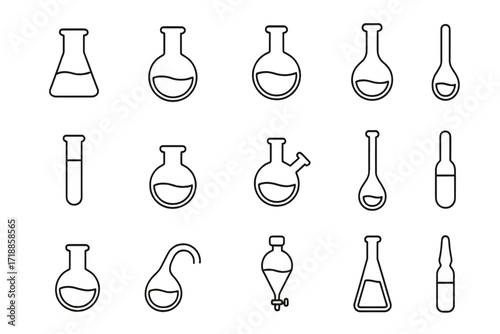 Laboratory glassware line icon set. Chemistry lab equipment thin outline symbols. Science research test tube, flask, beaker, ampoule vector icons. Editable stroke illustration.