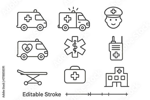 Ambulance and emergency medical services line icon set. Paramedic, hospital, first aid kit, stretcher, and Star of Life vector icons. Editable stroke for web and mobile apps.