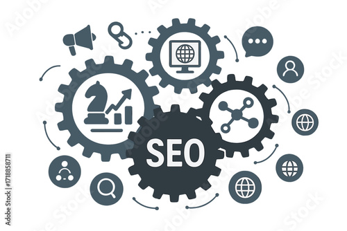 SEO mechanism concept with gears and icons. Digital marketing strategy for business growth. Search engine optimization, analytics, social media, and network connection vector.