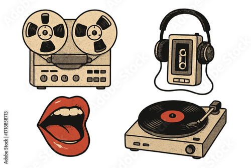 Retro music equipment vector set with halftone texture. Vintage audio collage: reel-to-reel tape recorder, cassette player, headphones, singing mouth, vinyl record player. 80s 90s pop art.