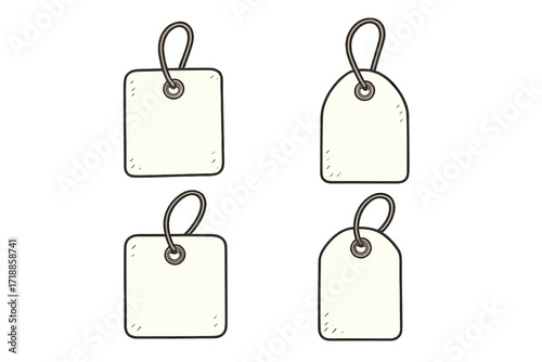Set of blank dangling paper labels or cloth tags. Blank label template and price tags collection. Hand drawn flat vector illustration for ad templates and cartoon design assets.