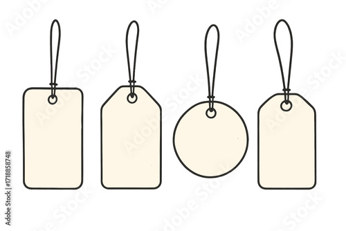 Set of blank dangling paper labels and cloth price tags. Label template collection. Hand drawn vector illustration for ads. Retail sale badge. Empty cardboard hangtag set.