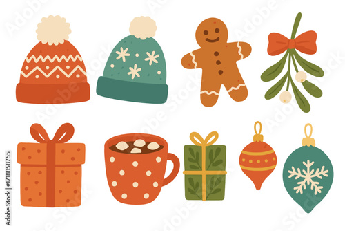 Christmas graphic elements set. Cute hand-drawn vector icons. Winter hat, gingerbread, mistletoe, gift, hot chocolate, bauble. Isolated holiday season flat illustration objects.