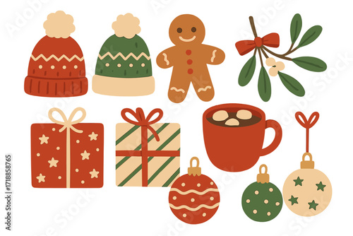 Set of Christmas design elements. Hand-drawn flat vector objects. Knitted hats, gingerbread man, mistletoe, gifts, hot cocoa, baubles. Happy holidays, winter celebration.