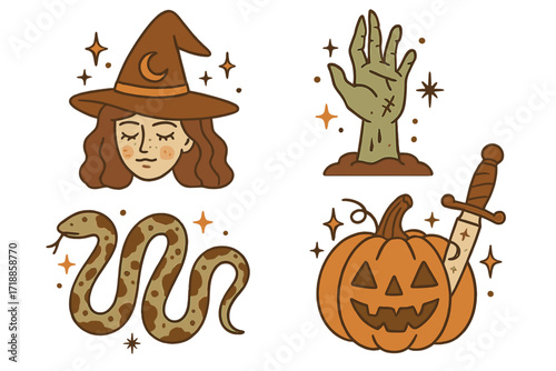 Boho Halloween vector set with witch, zombie hand, snake, and pumpkin with knife. Retro cartoon sticker pack for mystical, esoteric, or magical witchcraft and alchemy themes.