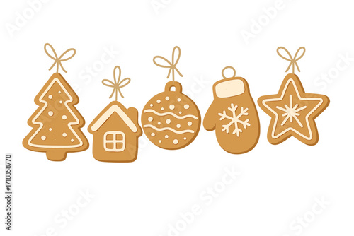 Set of Christmas gingerbread cookies. Festive holiday sweet food with ropes for fir decoration. Hand drawn flat vector icons: tree, house, bauble, mitten, star symbols.