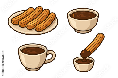 Churros with chocolate sauce cartoon vector set. Traditional Spanish, Mexican dessert. Sweet fried pastry snack. Dipping churro in hot chocolate sauce bowl, dish and cup.