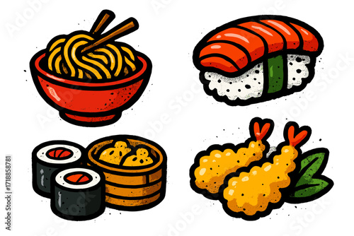Urban graffiti style Asian food vector illustration. Noodle bowl with chopsticks, sushi roll, salmon nigiri, bamboo steamer dim sum, shrimp tempura. Vibrant spray texture for T-shirts, banners, menus.