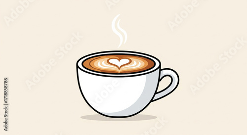 A steaming cup of latte art coffee, featuring a heart design, sits on a beige background.