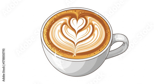 Artistic illustration of a latte coffee, featuring a detailed heart-shaped design in the foam.
