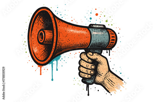 Hand holding vintage megaphone in graffiti street art style. Loudspeaker for protest, announcement, or rally. Vector illustration for communication and activism propaganda.